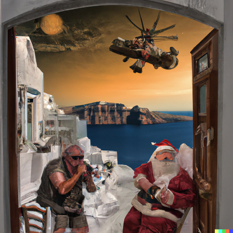 DALL·E 2022-07-28 00.37.25 - The Terminator vs Santa Claus at Santorini in the style of Norman...png