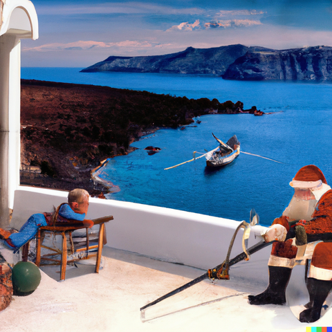DALL·E 2022-07-28 00.37.37 - The Terminator vs Santa Claus at Santorini in the style of Norman...png
