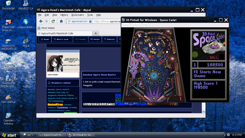 Screenshot of Agora Road open on a Windows XP desktop with Space Cadet Pinball also running.