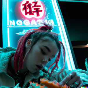 DALL·E 2022-10-05 19.40.16 - a cyberpunk picture of an early 80s punk girl eating sushi beneat...png